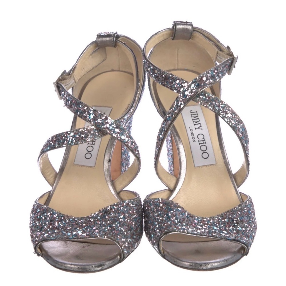 Jimmy Choo Glitter Block Heel Sandals - Silver Sz 36 - Picture 3 of 5